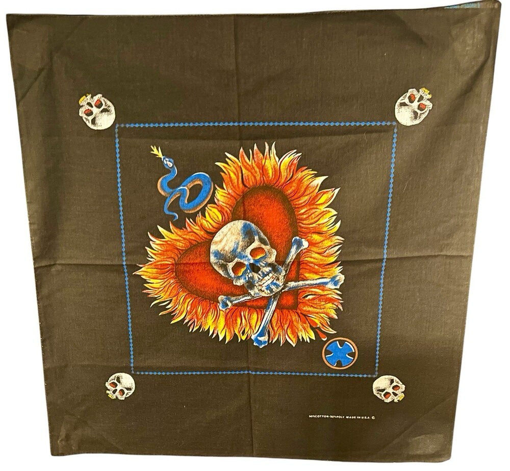 VINTAGE BIKER SKULL, SNAKES & EAGLE MACABRE BANDANA 24x 23 MADE IN USA HARLEY